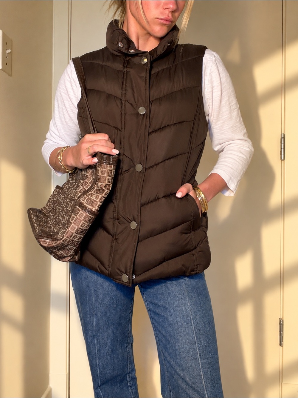 Gap Brown Puffer Vest – Fleece Lined Quilted Winter Vest – Size Small